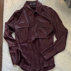Zara Satin Button-Up Blouse in Wine